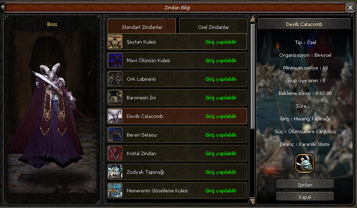 Devils Catacomb zindan bilgi ekranı